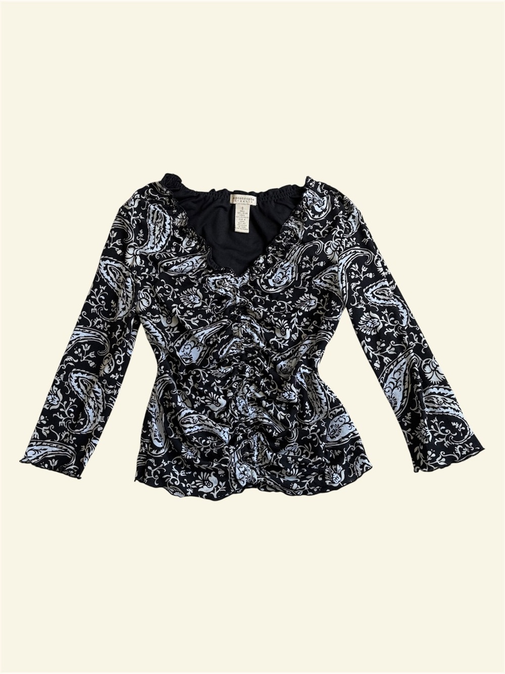 Vintage Y2K Apostrophe Stretch Paisley Ruched Mesh Top Black White 3/4 Sleeve S